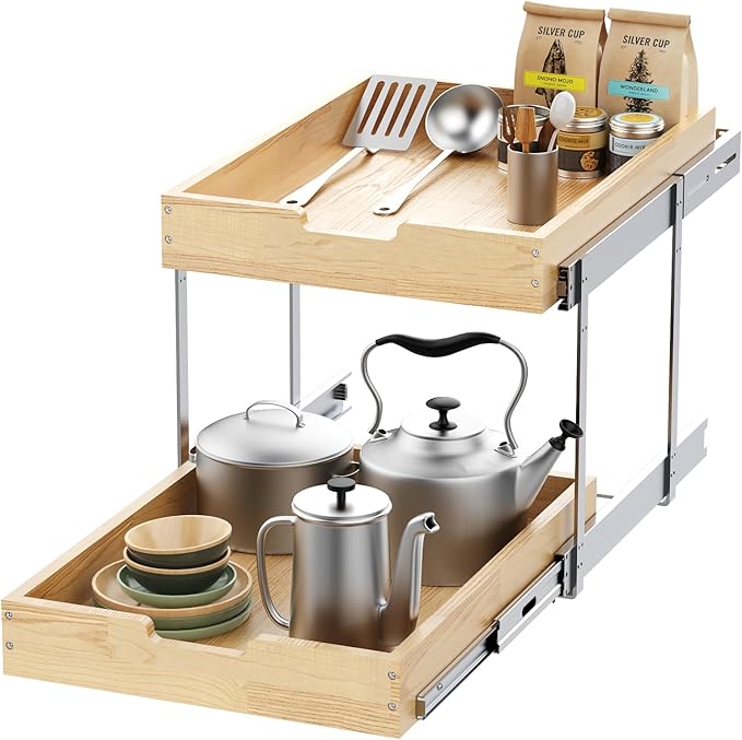 Wood Pull Out Cabinet Organizer 2 Tie 14" W x 21" D, Heavy-Duty Sliding Drawers for Inside Cabinets Storage and Organization for Kitchen, Pantry, Bathroom