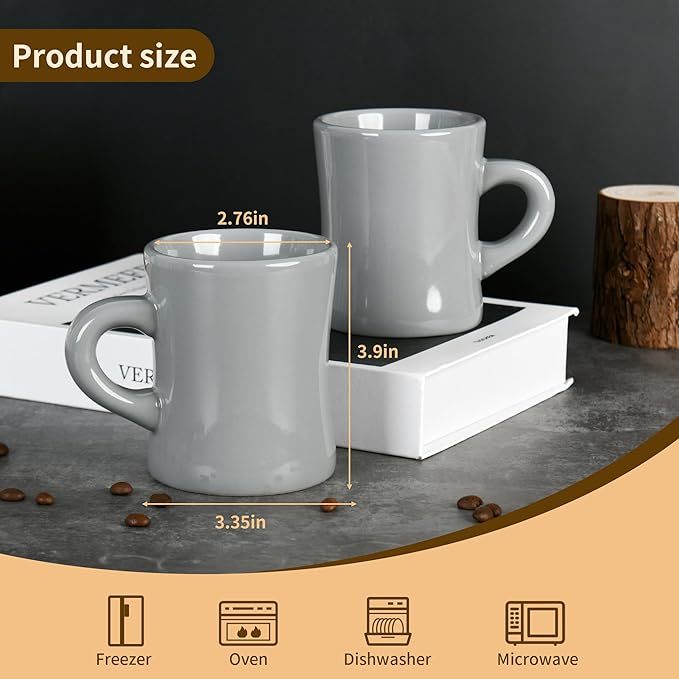 11oz White Diner Coffee Mug Set of 4 Ceramic Mugs Great for Kitchen Set, Travel, and Hot Tea (Grey)