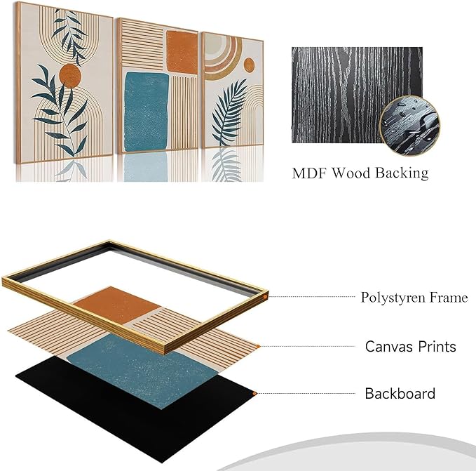 Bwodke Framed Boho Canvas Wall Art Mid Century Modern Prints Set of 3 Neutral Geometric Line Leaf Paintings Decor Minimalist Abstract Pictures Bedroom Living Room Bathroom