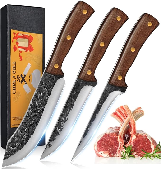 UniqueFire Chef Knife set 3 Pcs, Professional Kitchen Knives set, Sharp Butcher knife sets, Hand-forged High Carbon Steel Meat Cleaver knife, Ergonomic Wood Handle with Gift Box for Home & Restaurant