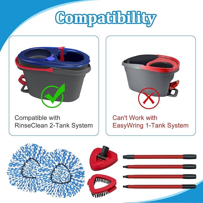 Spin Mop Handle,Mop Heads Replacements,Scrubber Mop Head and Mop Base Compatible with O-cedar RinseClean 2-Tank Spin Mop System,Mop Handle and Head Replacement Combo Set for Wet Dry Use Floor Cleaning