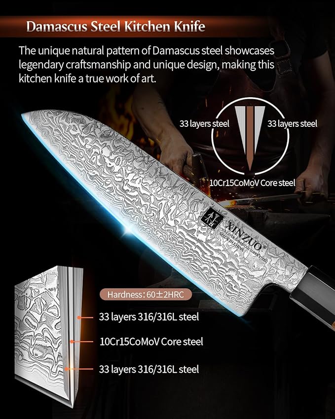 XINZUO 7.3 Inch Santoku Knife, Hand Forged 67 Layers Damascus Super Steel Chef Knife, Japanese Chopping Knife Ultra Sharp, Professional Kitchen Knife with Olive Wood Octagonal Handle
