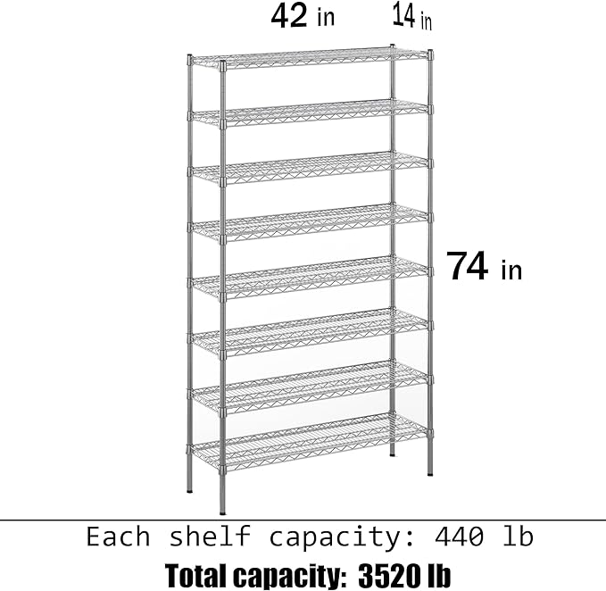 14" Deep x 42" Wide x 74" Height Wire Shelving Kit | 8-Tier | NSF Commercial Storage Rack Unit