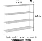 18" Deep x 72" Wide x 64" Height Wire Shelving Kit | 4-Tier | NSF Commercial Storage Rack Unit