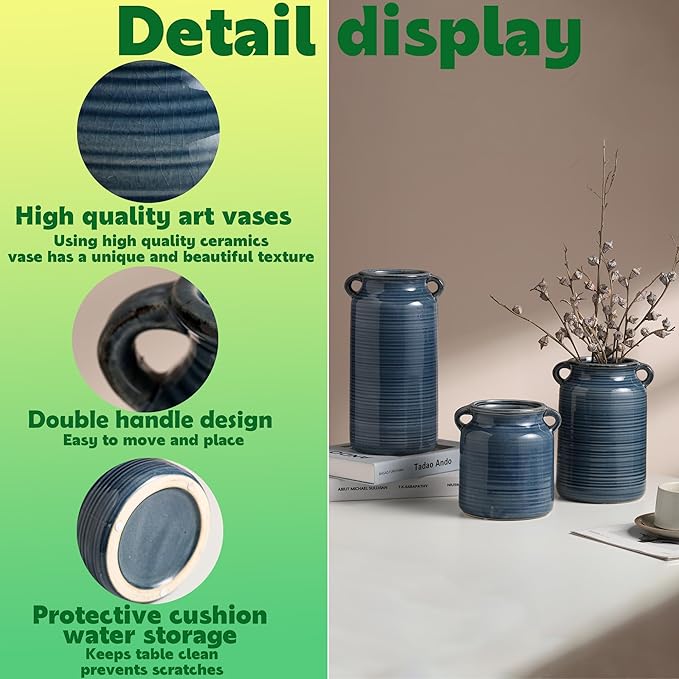 Ceramic Rustic Distressed Blue Flower Vase for Centerpieces, Kitchen, Office or Living Room (5.9''x8.6'')