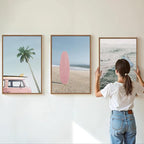 Tinonedraw Large Ocean Beach Framed Canvas Wall Art, Summer Coastal Surfboard Wall Decor, Palm Tree Pink Car Artwork, Modern Surfing Seascape Art Prints for Living Room Bedroom Office 24"x36"x3