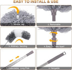 Microfiber Duster for Cleaning Fan, High Ceiling, Blinds, Furniture, Cars , 9PCS Extendable Feather Duster (Stainless Steel) 30 to 100 Inches, Reusable Bendable Washable