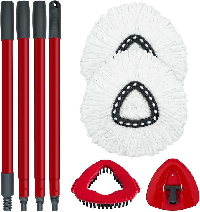 Spin Mop Replace Head, Base, Mop Handle Replacement for OCedar EasyWring 1 Tank System - Include 2 Microfiber Mop Head Replacement, 1 Sturdy Iron 30-58" Mop Handle, Head Cover and Scrubber