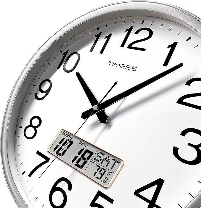 Wall Clock, 16 Inch Non-Ticking Silent Battery Operated Quartz Analog with LCD Display for Perpetual Calendar and F° Temperature, Ideal Modern Home, Bedroom, Kitchen, Office Décor (Sliver)