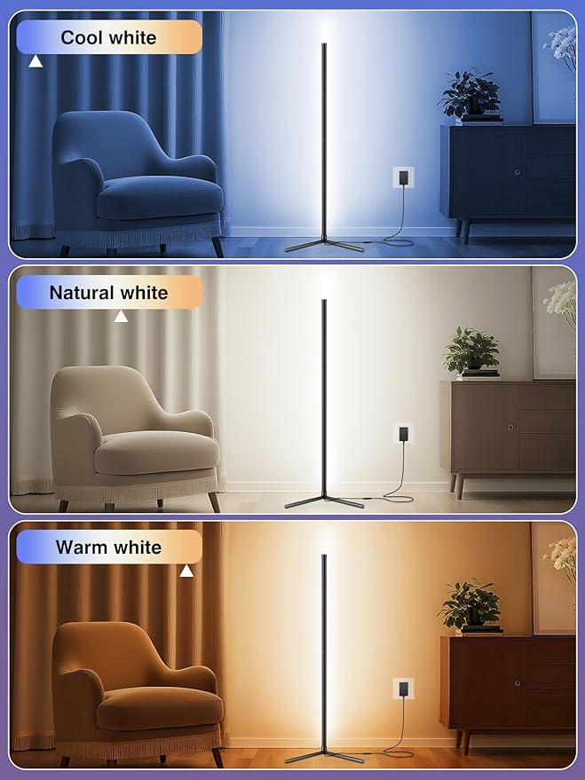 Corner Floor Lamp, Modern LED Corner Lamp with AC Adapter & APP & Remote Control, 16 Million Colors, 68+ Scene Modes, Music Sync, Ambient Lighting for Living Room, Bedroom, and Gaming Room