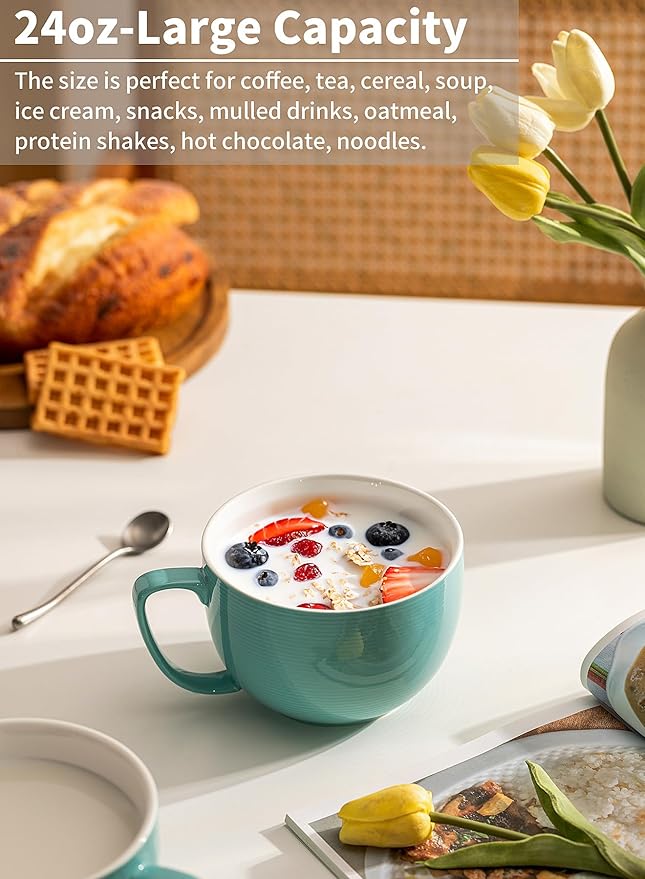 Teocera 24 oz Soup Bowls with Handles, Porcelain Large Coffee Mug Set, Jumbo Mugs, Soup Bowls Mugs set of 4 for Coffee, Oatmeal, Stew - Striped Design, Turquoise