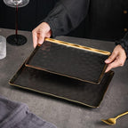 Stone Lain Florian Porcelain Large and Medium Rectangle Service Platters, Black with Gold Rim