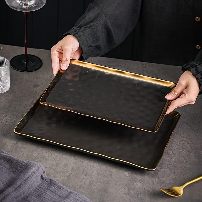 Stone Lain Florian Porcelain Large and Medium Rectangle Service Platters, Black with Gold Rim