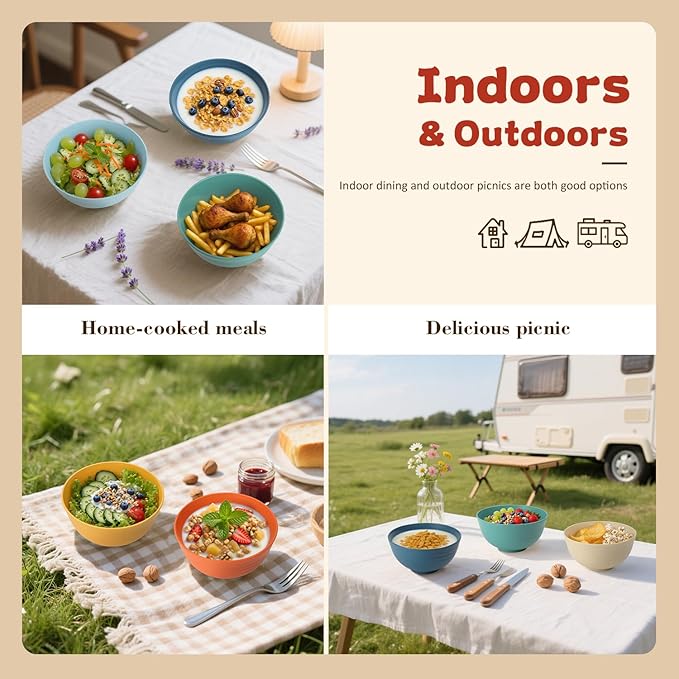 Wheat Straw Camping Bowls Sets of 6,Unbreakable 26oz Lightweight Bowls Sets for Outdoors Activity,Breakfast Bowls for Cereal and Salad.Vibrant Series