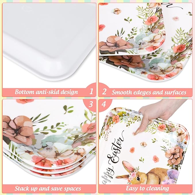 3Pcs Easter Serving Trays 13 x 10 Inch Watercolor Bunny Egg Flower Platter Vintage Spring Rabbit Serving Dishes for Serving Food Snacks Cookies Dessert Party Supplies