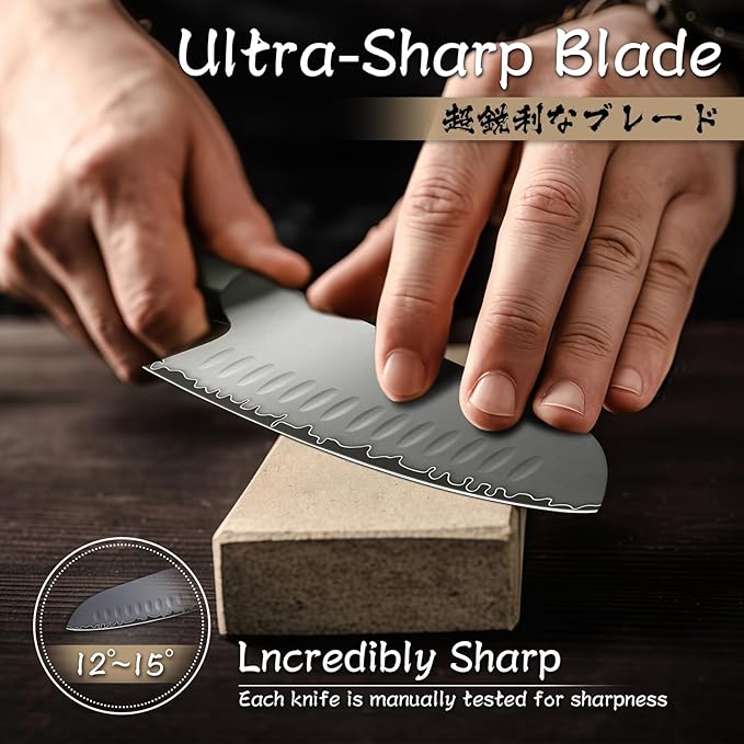 Purple Dragon Santoku Knife 7 Inch Japanese Chef Knife for Chopping Meat Cutting Vegetables, German Vg10 Steel Blade, Ergonomic Wooden Handle, Gift Box