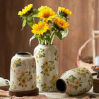 Levvohd Vintage Ceramic Vase, 7.9 Inch Chinoiserie Sunflower Yellow Floral Vases, Retro Ice Cracked Rustic Antique Flower Vases for Modern Coffee Table Home Decor (Medium Cylinder)