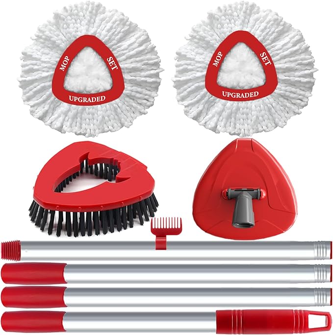 Spin Mop Head Replace Compatible with O Cedar EasyWring 1 Tank, Upgraded Scrub Brush and Base, 2 Microfiber Mop Replacement Head, 1 Handle, Easy to Install Attachments