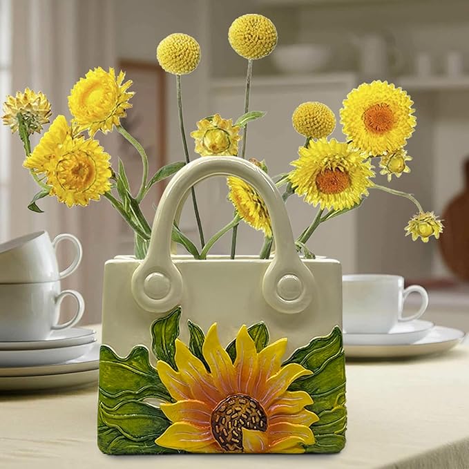 Small Purse Vase for Flowers - Sunflower Cute Mini Handbag Flower Vase for Organic Modern Table Centerpiece Decor, Unique Beige Resin White Vases for Party/Kitchen/Neutral/Bedroom