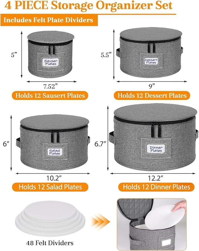 punemi China Storage Containers, Dish Storage with Rigid Top Side Bottom Support & Felt Dividers for Charger Plates Dinnerware, Perfect for Moving Supplies, 4PCS Stackable Fine China Storage, Gray
