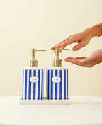 Coastal Blue & White Ceramic Soap Dispenser Set with Gold Pump – 3-Piece Bathroom & Kitchen Accessories with Tray, Refillable Lotion & Dish Soap Pump Bottles for Beach House & Nautical Décor