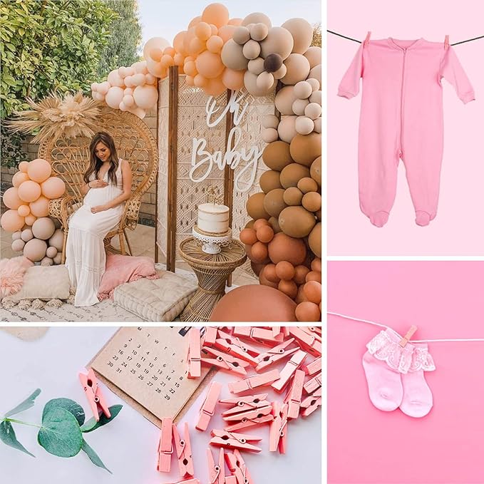 Clothes Pins Mini Clothespins Pink - 100 PCS Wooden Small Clothespins for Pictures with Jute Twine Tiny Photo Paper Clip, Ideal for Baby Shower, Crafts, Chip Clips, Home Office Decoration