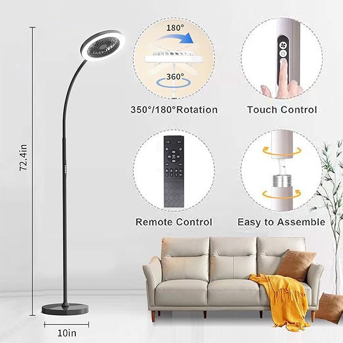 Pedestal Fan for Bedroom, Floor Lamp with Fan RGB 18w/1500lm, 3-Speed Stand Fan Stepless Adjustable 3000K-6000K Color and Dimmer, Remote and Button Control, Adjustable Gooseneck Gloor Lamp (Black)
