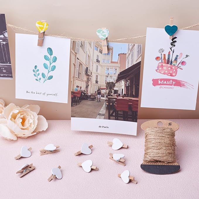 Pandahall 100pcs White Heart Clothespins Wooden Photo Paper Peg Pin Craft Clips with 10.9 Yards Natural Jute Twine for Paper Photo Display Hanging Home Party Wedding Decoration