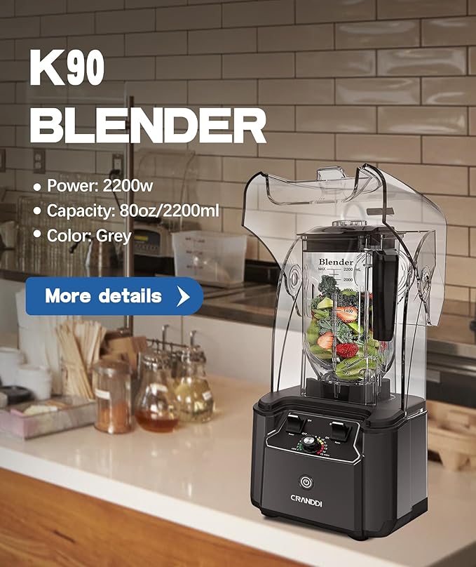 CRANDDI Quiet Commercial Blender with Soundproof Shield, 2200 Watt Professional Blenders for Kitchen with 80oz Pitcher and Self-Cleaning, High-Speed Blenders K90 Grey
