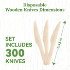 ECOLipak 300 Count Disposable Wooden Knives, Wooden Compostable Disposable Knives for Party, Camping, Traveling, Family Dinners