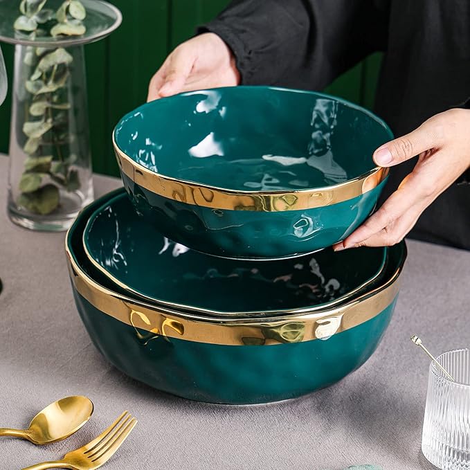 Stone Lain Florian Porcelain 3-Piece Round Bowl Service Set, Green with Gold Rim