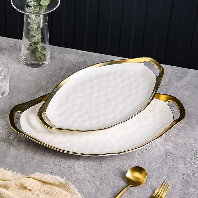 Stone Lain Florian Porcelain Large and Medium Oval Platters with Handle, Service Set, White with Gold Rim
