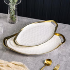 Stone Lain Florian Porcelain Large and Medium Oval Platters with Handle, Service Set, White with Gold Rim
