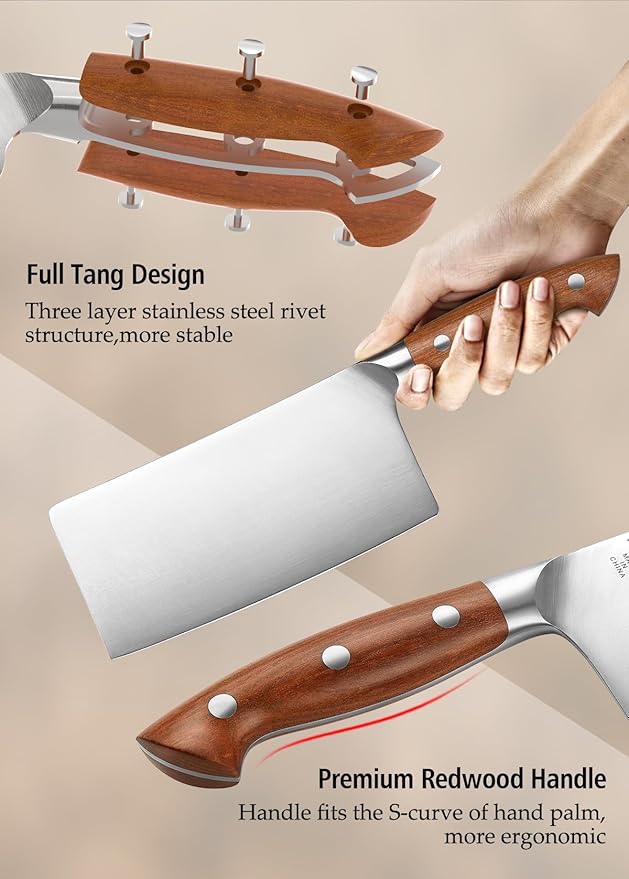 HEZHEN Cleaver Knife 7.1 inch, German 1.4116 Steel & Ergonomic Red Wood Handle, Sharp Meat Cleaver for Meat Cutting Vegetable Slicing