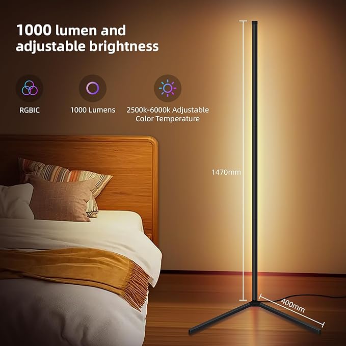LED Floor Lamp,RGB Corner Floor Lamp with APP and Remote Control,16 Million DIY Colors&Ambient Lighting,Music Sync,Timer Setting,for Living Room, Bedroom and Gaming Room
