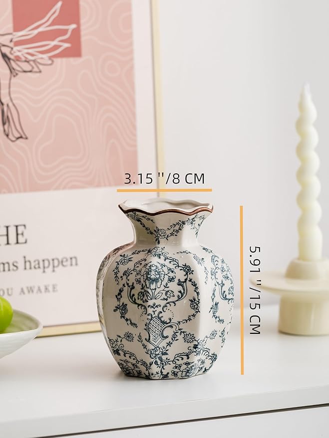 Blue and White Vase, Vintage Blue Ceramic Flower Vessel,Ceramic vases for Home Decor,Vintage Green and Beige for Console Table Mantle Chinoiserie Decor (Retro-03, Small)