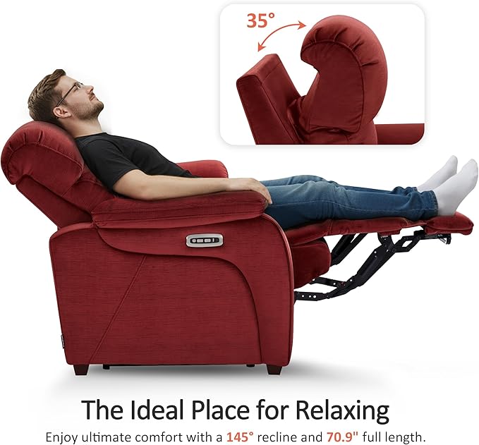 MCombo Wall Hugger Recliner Sofa with Drop Down Table, Power Reclining Sofa with Adjustable Headrest, USB A&C Charge Ports, Reading Lamp, Cup Holders, for Living Room, RVs (Fabric, ST258M3, Burgundy)
