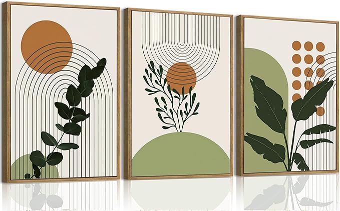 Bwodke Boho Wall Art, Framed Abstract Wall Art, Botanical Canvas Wall Decor, Mid Century Plant Leaf Geometric Pictures Set of 3, Minimalist Paintings, for Bedroom Living Room Bathroom 16"x24"