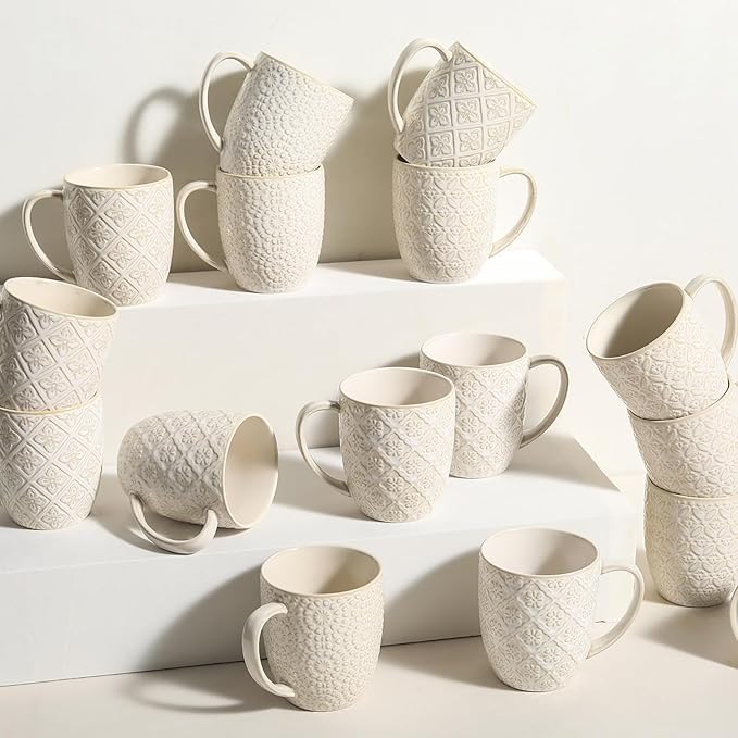 Coffee Mug Set of 4, 16 oz Large Ceramic Mugs, Porcelain Embossed Cups for Cocoa, Tea, Milk, Mocha, Cappuccino - Housewarming Present, Wedding Decoration, Dishwasher Safe, 3.5 x 4.5 inch