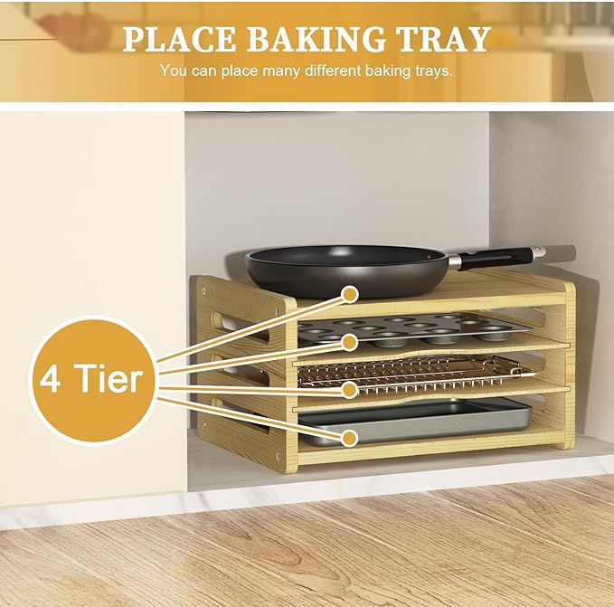 4 Tier Wooden Cabinet Tray Dividers, Kitchen Vertical Baking Sheet Organizer, Storing Pans, Baking Trays, Cutting Board
