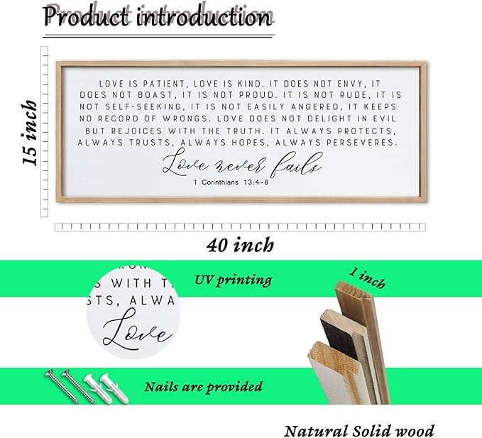 ZZJJHYWGQ Love is Patient Love is Kind Wall Decor 40"X15" Corinthians 13 Large Bible Verse Quote Sign for Above Bed Hanging Wood Framed Wall Art (Wood