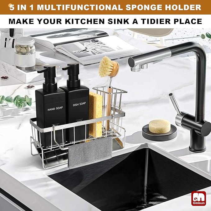 GMISUN Dish Soap Dispenser for Kitchen, 12 fl oz Matte Black Kitchen Soap Dispenser with Silver Sponge Holder, Customized Removable Soap Dispensers Set, Modern Hand and Dish Soap Dispensers Set