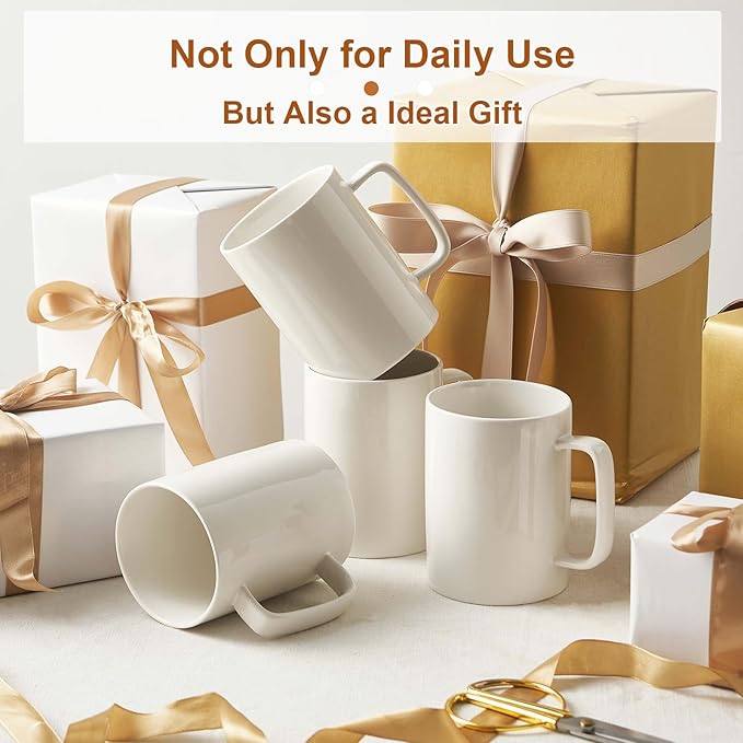 Jassceram Coffee Mugs Set of 6, 18 Ounce Porcelain Mugs for Latte, Hot Tea, Cappuccino, Cocoa and Milk, Ceramic Coffee Cups with Large Handle - Dishwasher & Microwave Safe, White