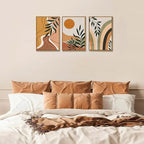Bwodke Boho Wall Art, Framed Abstract Sun Wall Art, Botanical Canvas Wall Decor, Mid Century Line Leaf Geometric Pictures Set of 3, Minimalist Paintings, for Bedroom Living Room Bathroom 16"x24"