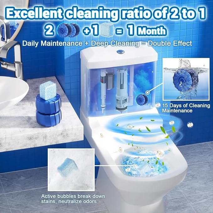 Toilet Bowl Cleaner 36 Pack, 24 Pcs Blue Toilet Bowl Tablets + 12 Pcs Tank Cleaner With Bleach, Long-Lasting Bathroom Toilet Tank Cleaner & Deodorizer, Fresh Scent(36pack,Blue)
