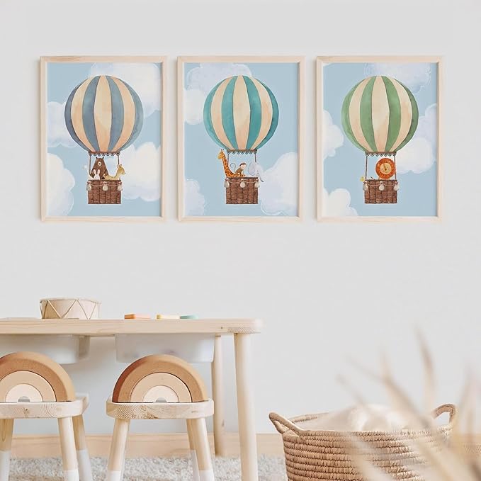 Hot Air Balloon Art Prints (Set of 3) - Unframed - 11x14 | Nursery Wall Decor | Elevate Your Nursery Decor with this Charming Wall Decor | Modern Wall Decor for Your Little One's Room