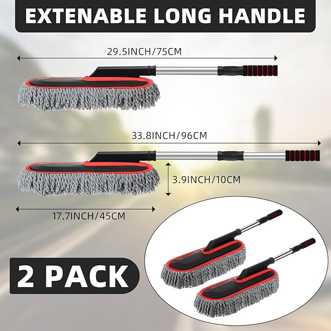 Tanlade 2 Pack Microfiber Car Duster Exterior Scratch Free with Extendable Handle Soft Car Duster Kit for Cleaning Dust Brush Set for Exterior Interior Cleaning Tools (Red Edge Gray)
