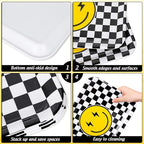 3Pcs One Happy Dude Serving Trays Reusable Smile Face Platter Black White Checkered Serving Dishes for First Birthday Party Sharing Snacks Fruit Dessert Candy, 13 x 10in