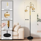 Lightdot 70IN Dimmable Floor Lamp for Living Room, 3 Light LED Tree Floor Lamps with 3Pcs Glass Globe, 3000K Soft Warm White for Wedding/Party, Mid Century Standing Tall Lamp for Bedroom-Black&Gold