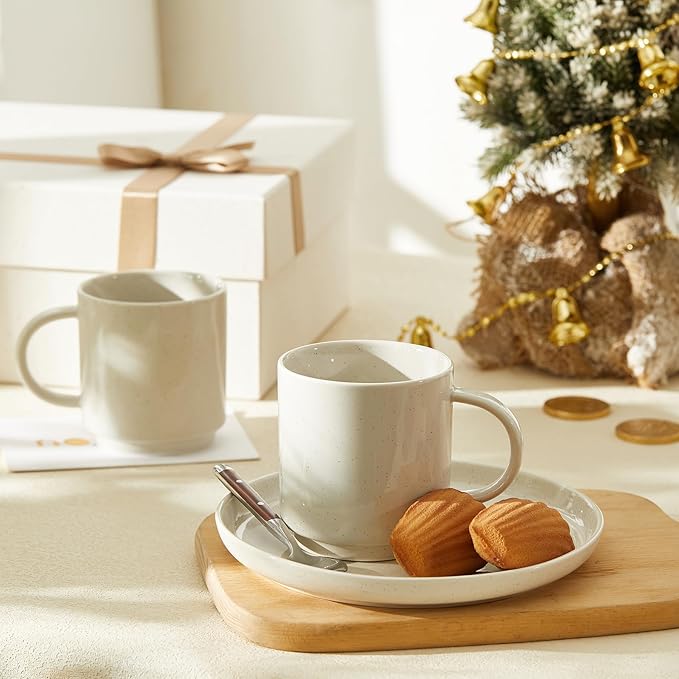 Sweese Stackable Coffee Mugs - 10 Oz Porcelain Cups for Specialty Coffee Drinks, Cappuccino, Cafe Mocha, Latte and tea, Set of 4, White Grey